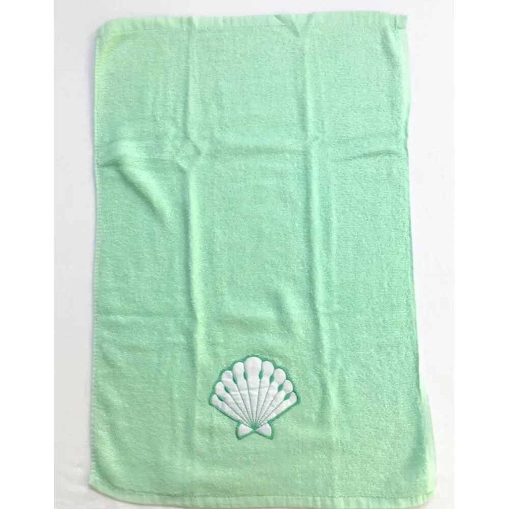 Vintage Seashell Towel Set Woolworth 3 Pc. Washcloth Hand & Bath Towel Green